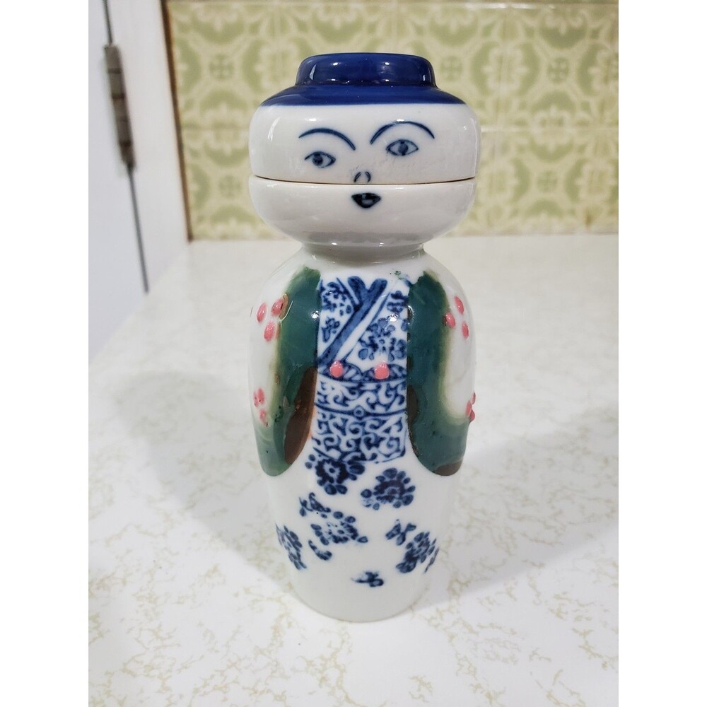 Ceramic Kokeshi Sake Bottle Cup Set Japanese Tokkuri Pottery Vintage 5"